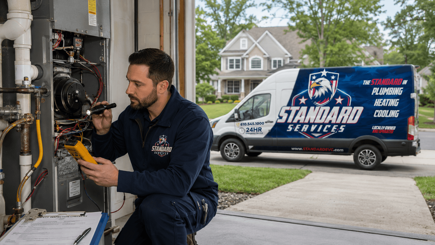Standard Services technician performing a furnace safety inspection