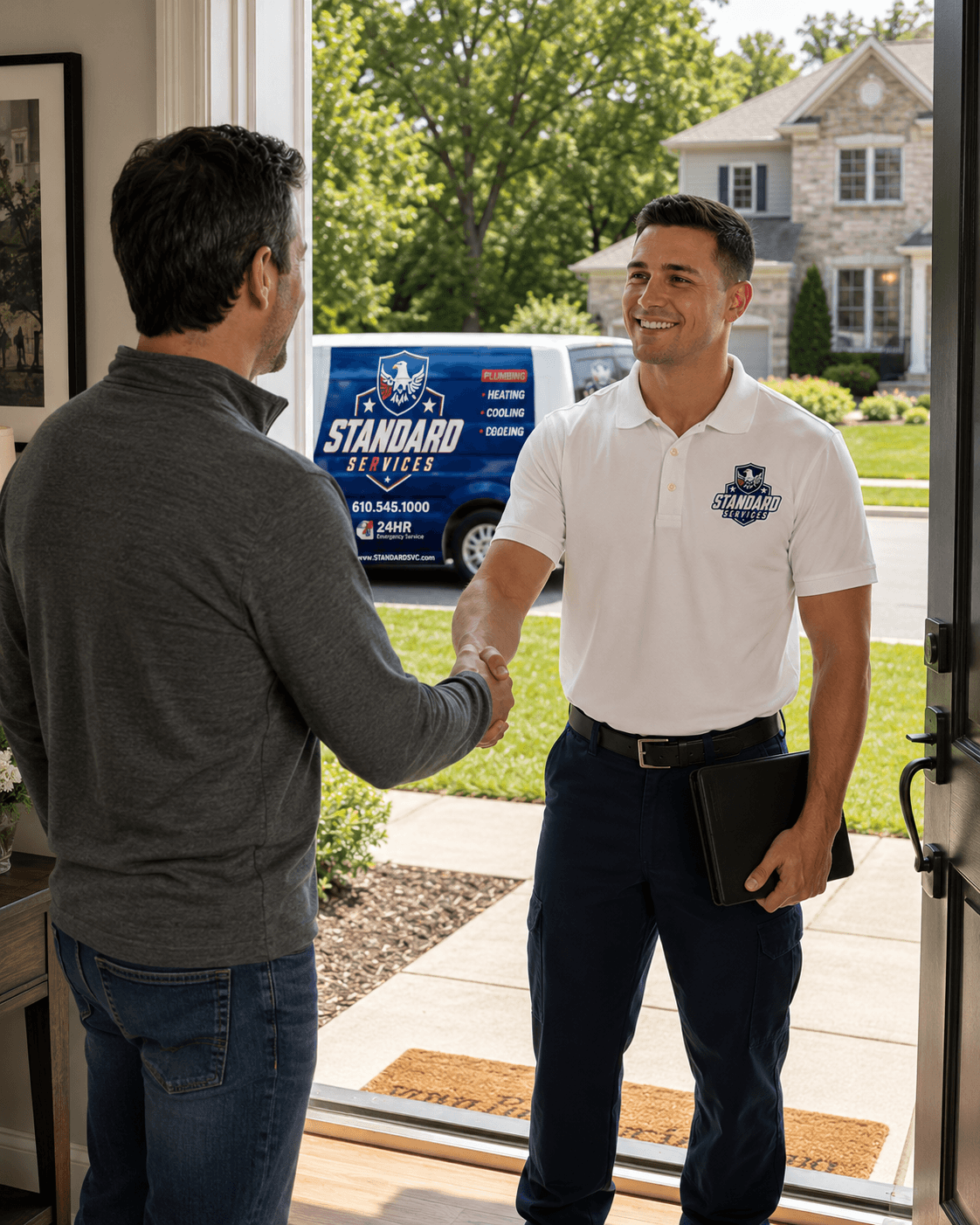 A Standard Services technician greeting a homeowner at the front door