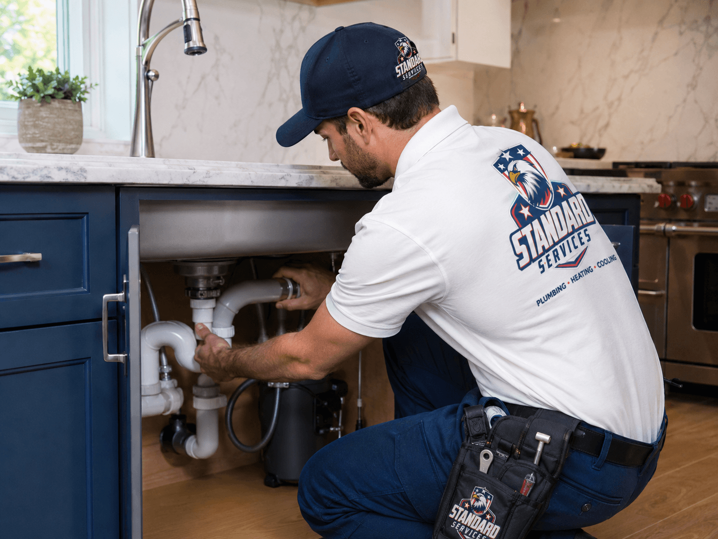 Licensed plumber repairing a pipe under a sink at a Delaware County home