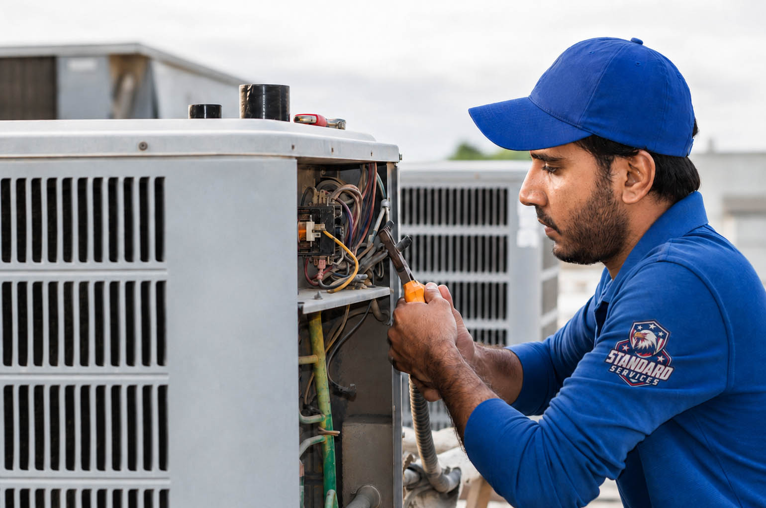 Standard Services technician repairing an outdoor air conditioning condenser at a Delaware County home