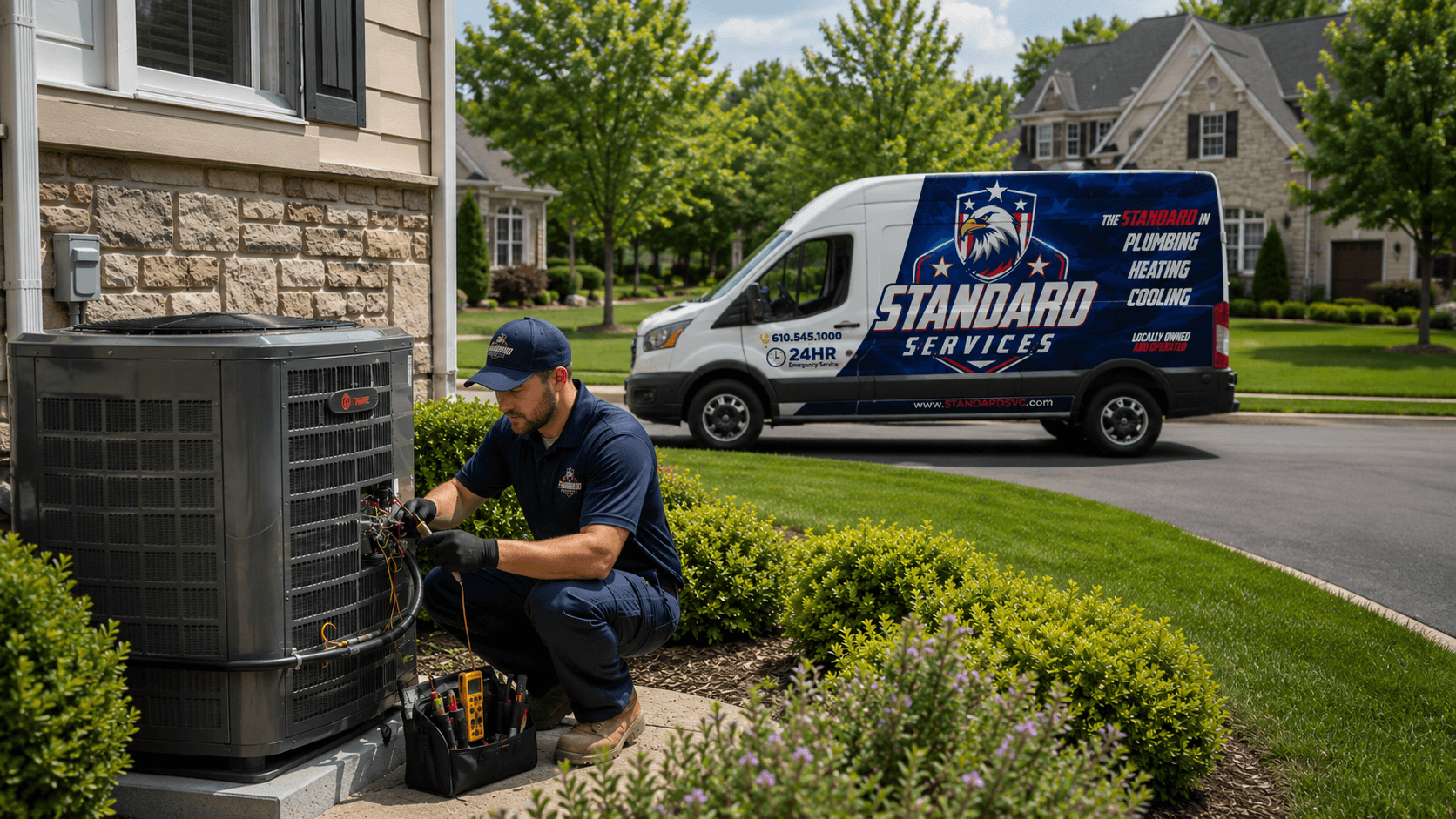 AC technician servicing an outdoor condenser unit at a Delaware County home
