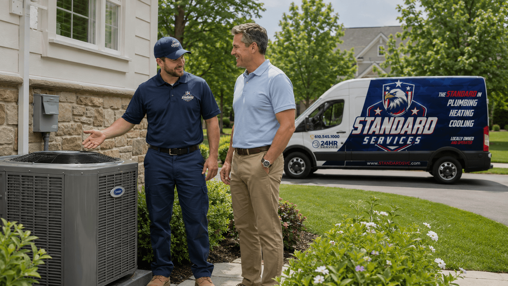 Standard Services technician greeting a homeowner before an AC tune-up