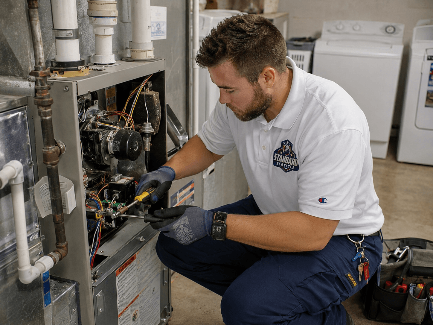 Furnace technician inspecting a heat exchanger at a Delaware County home