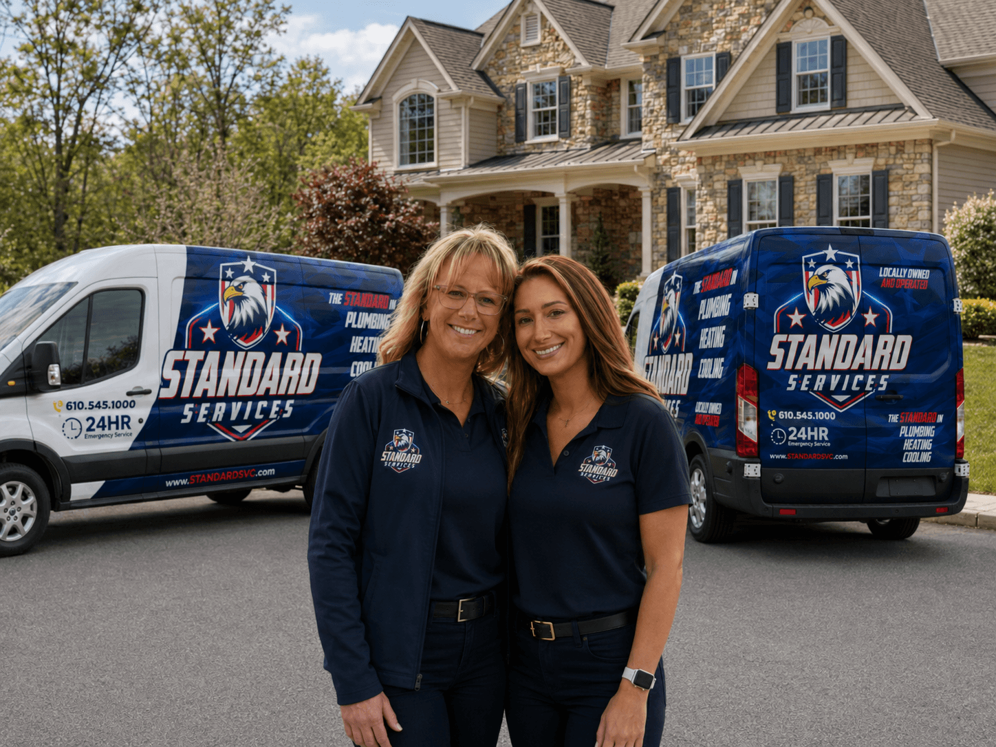 The Standard Services team standing in front of their branded service trucks